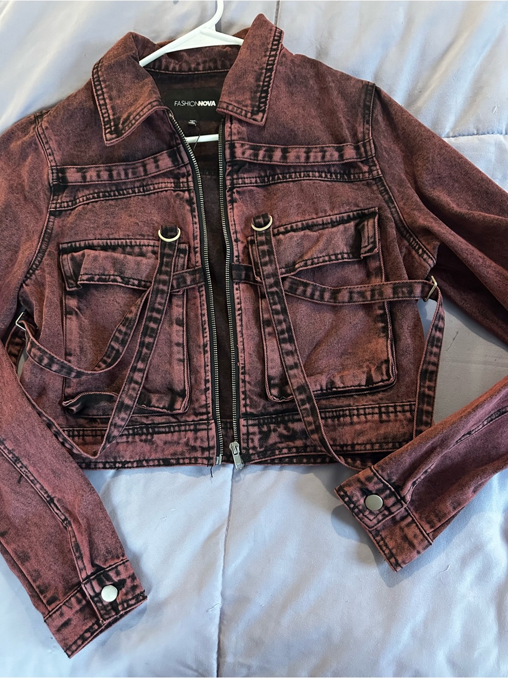 Fashion Nova Distressed Wine Cropped Denim Jacket